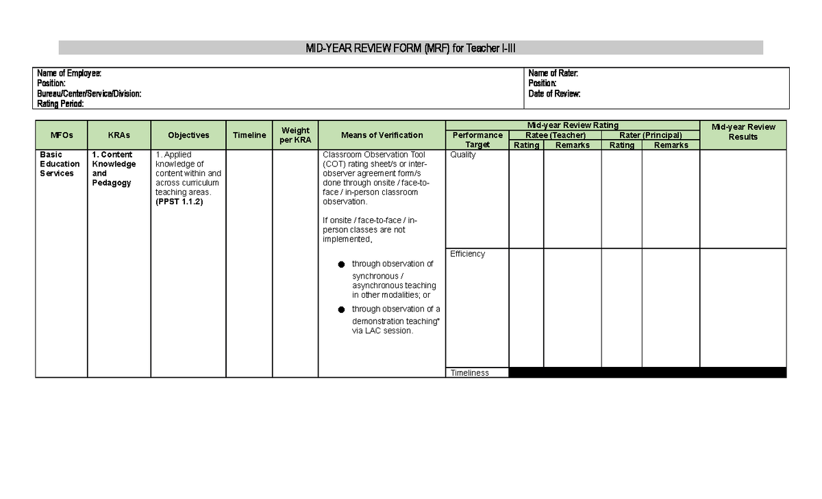 MID YEAR Review FORM 2023 4 MIDYEAR REVIEW FORM (MRF) for Teacher I