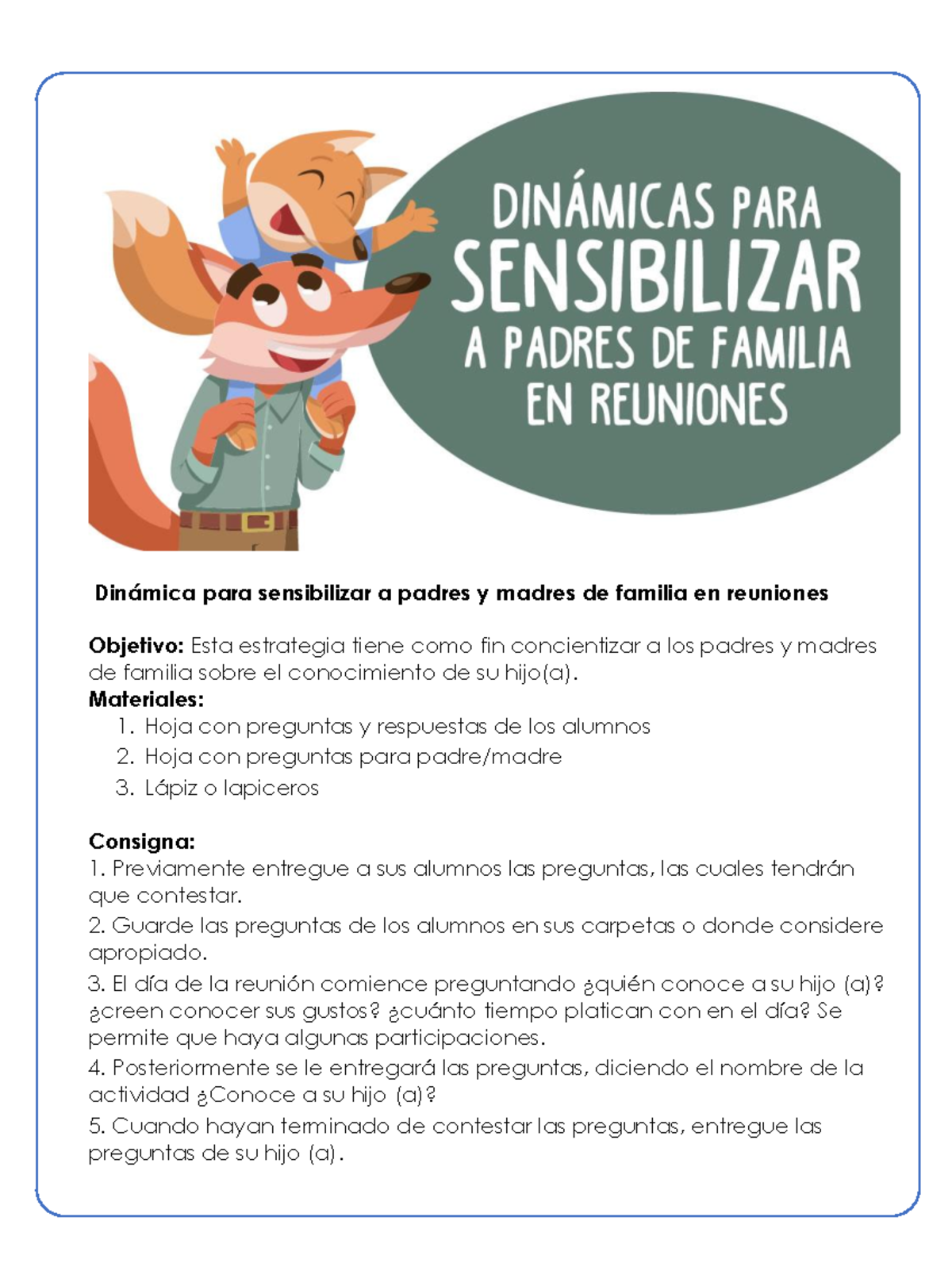 Dinamica Sensibilizar Padres - Din·mica para sensibilizar a padres y madres de  familia en reuniones - Studocu