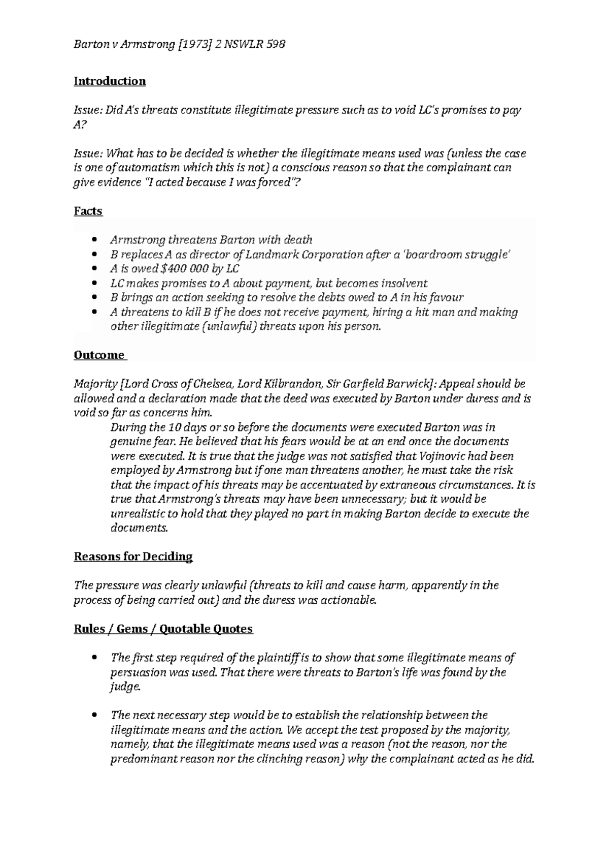 Barton v Armstrong Case Summary Barton v Armstrong [1973] 2 NSWLR