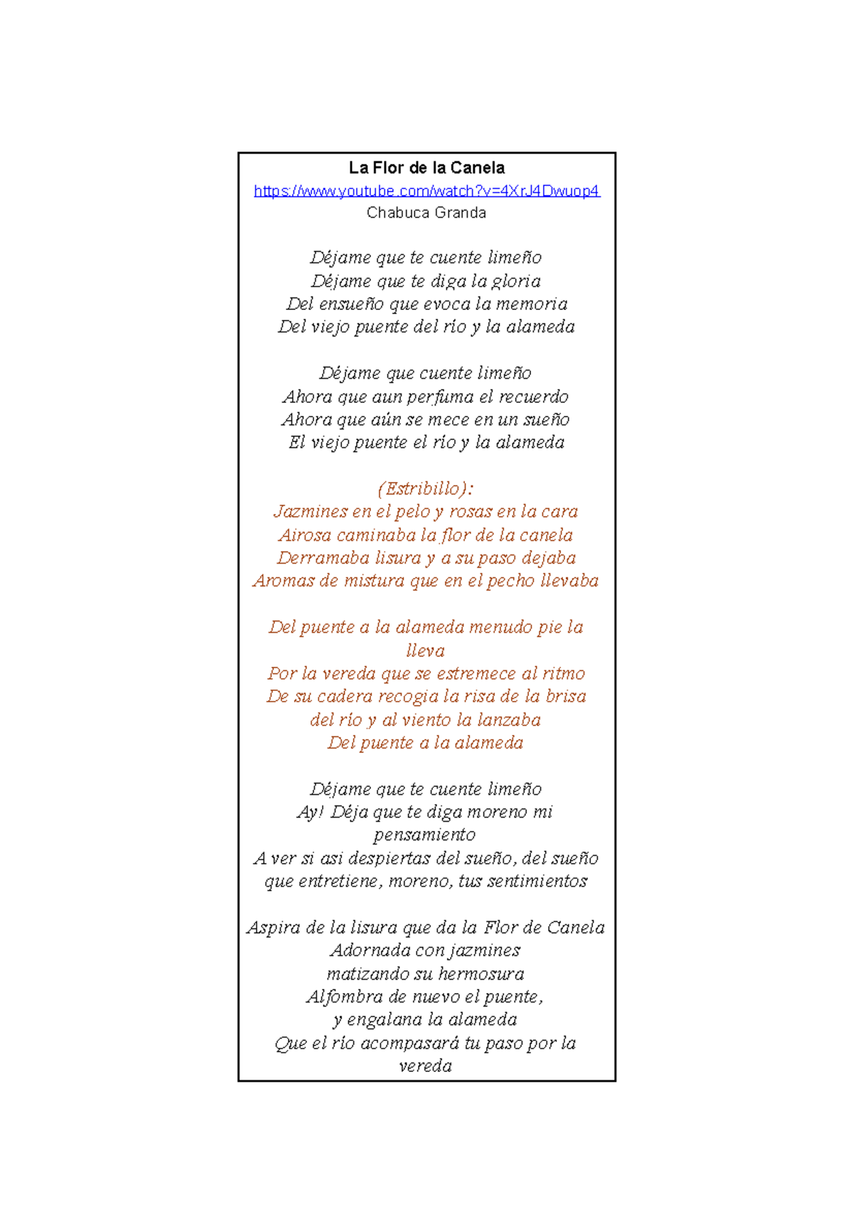 Letra canciones al folclore agosto La Flor de la Canela youtube