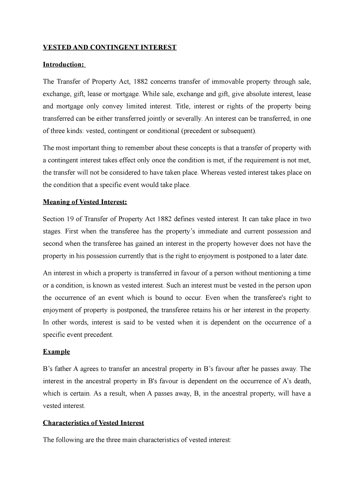 Property Law Answers Final VESTED AND CONTINGENT INTEREST