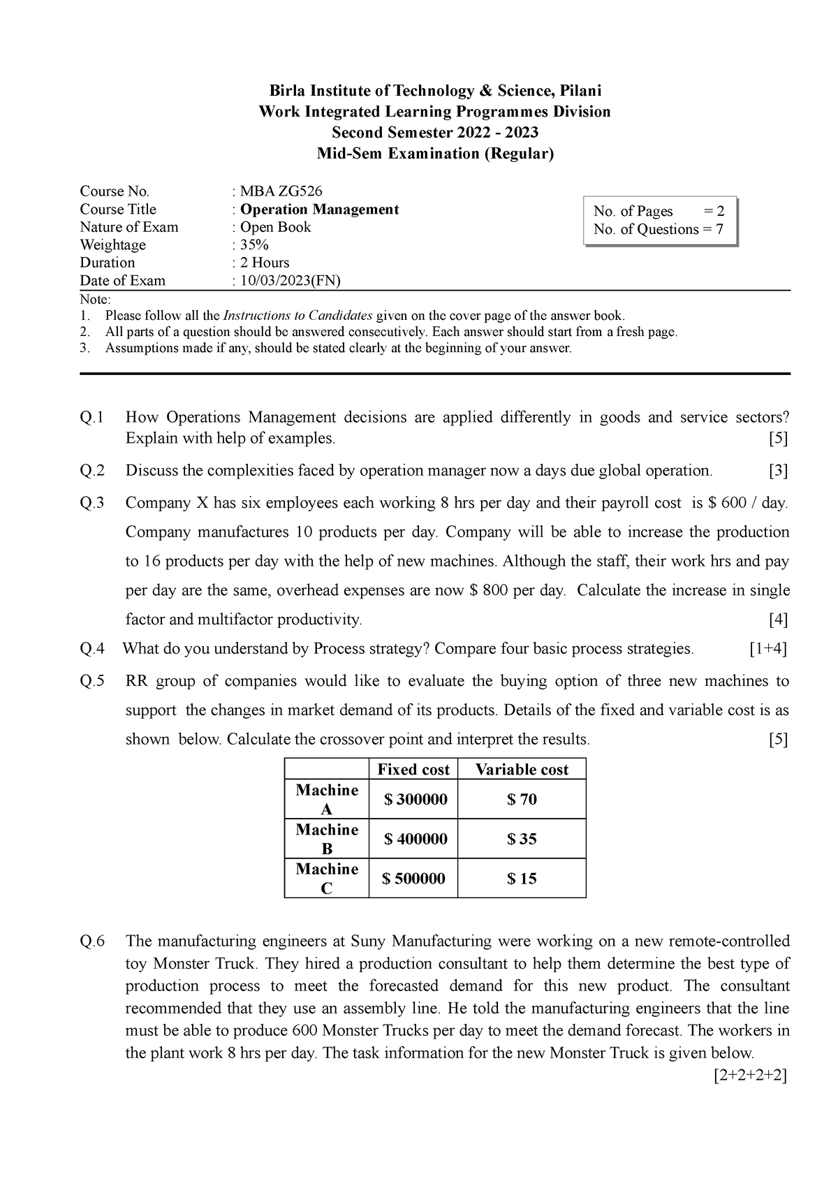 MBA ZG526 EC-2R Second SEM 2022-2023 Revised Paper - Birla Institute of ...