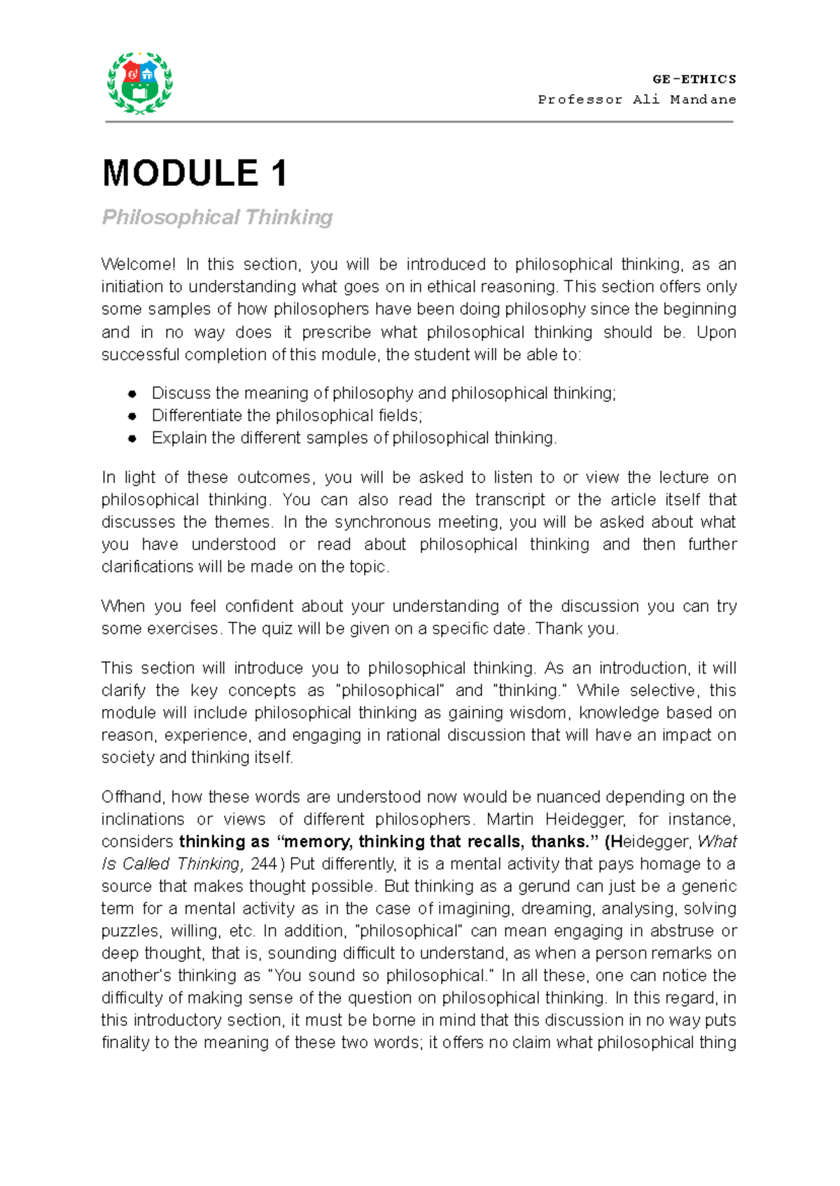 Ethics Modules - Professor Ali Mandane MODULE 1 Philosophical Thinking ...