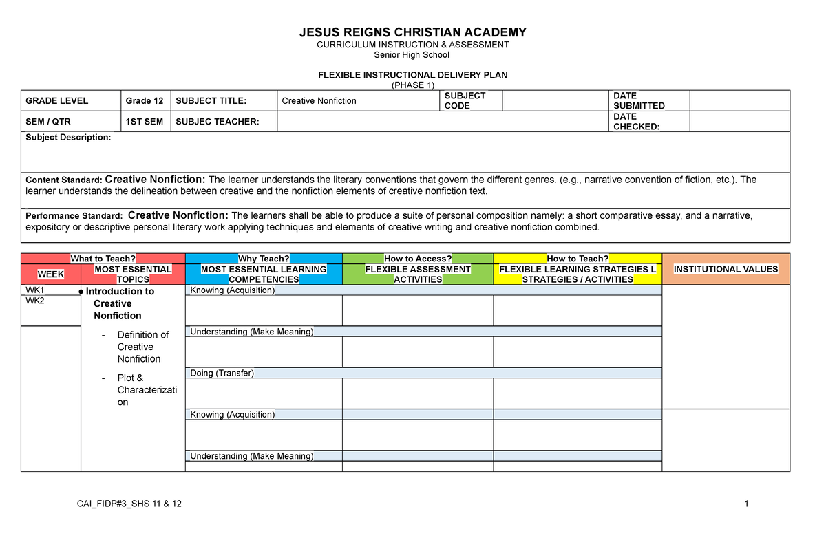 Copy of CAI FIDP FRM3 SHS - JESUS REIGNS CHRISTIAN ACADEMY CURRICULUM ...