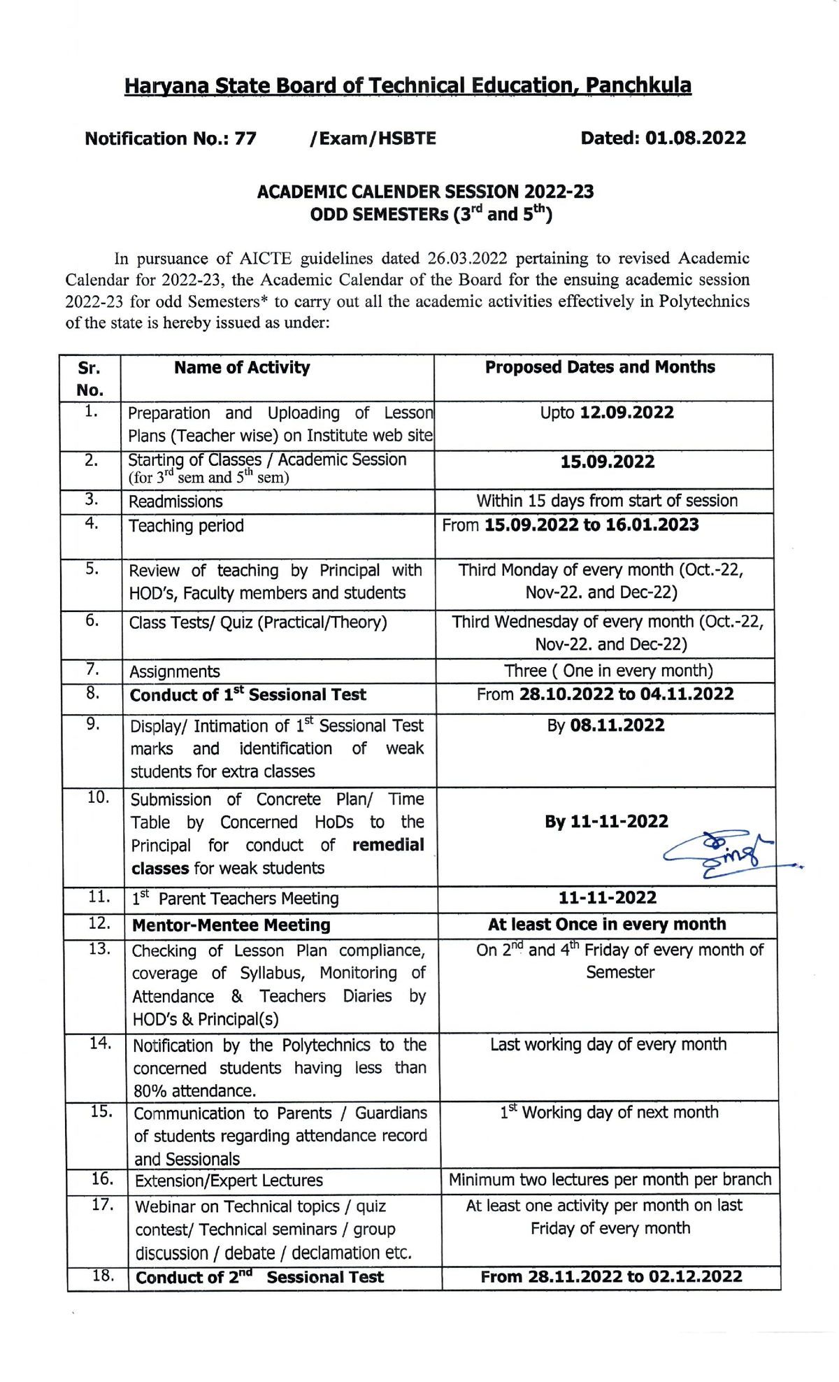 Academic Calender odd Semester 3rd and 5th session 2022-23 - Computer