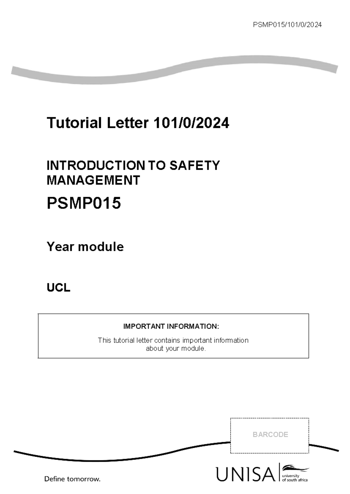 PSMP015 TL 101 2024 - programme in safety management - Tutorial Letter ...