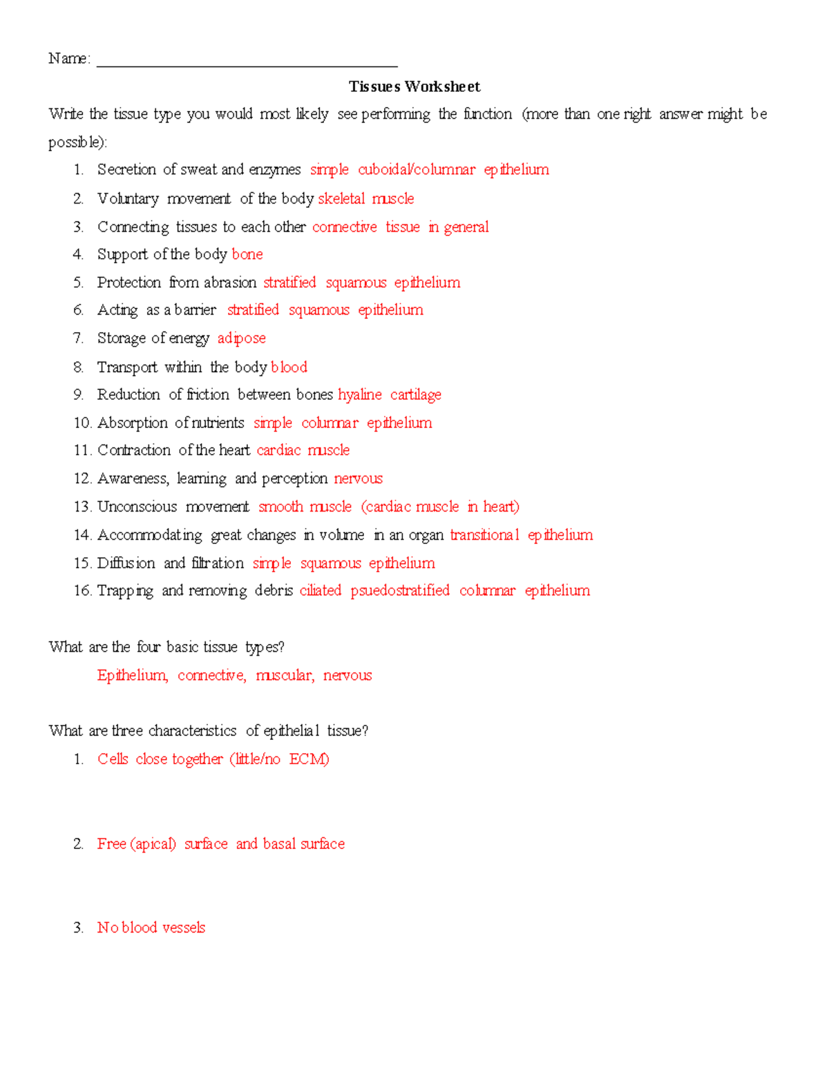Tissue Worksheet 161 key - Name: Tissues Worksheet Write the - Studocu
