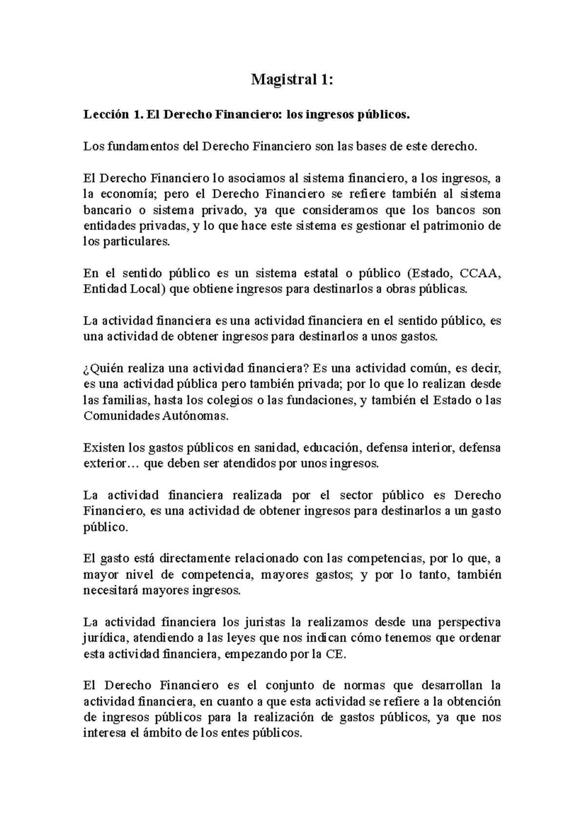 Magistral 1 Financiero - Magistral 1: Lección 1. El Derecho Financiero ...