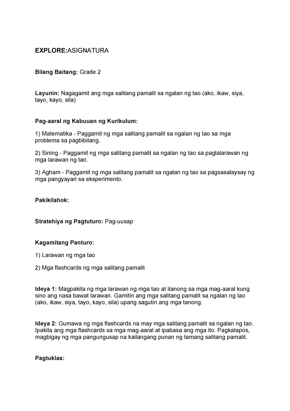 Lesson Plan - EXPLORE:ASIGNATURA Bilang Baitang: Grade 2 Layunin ...