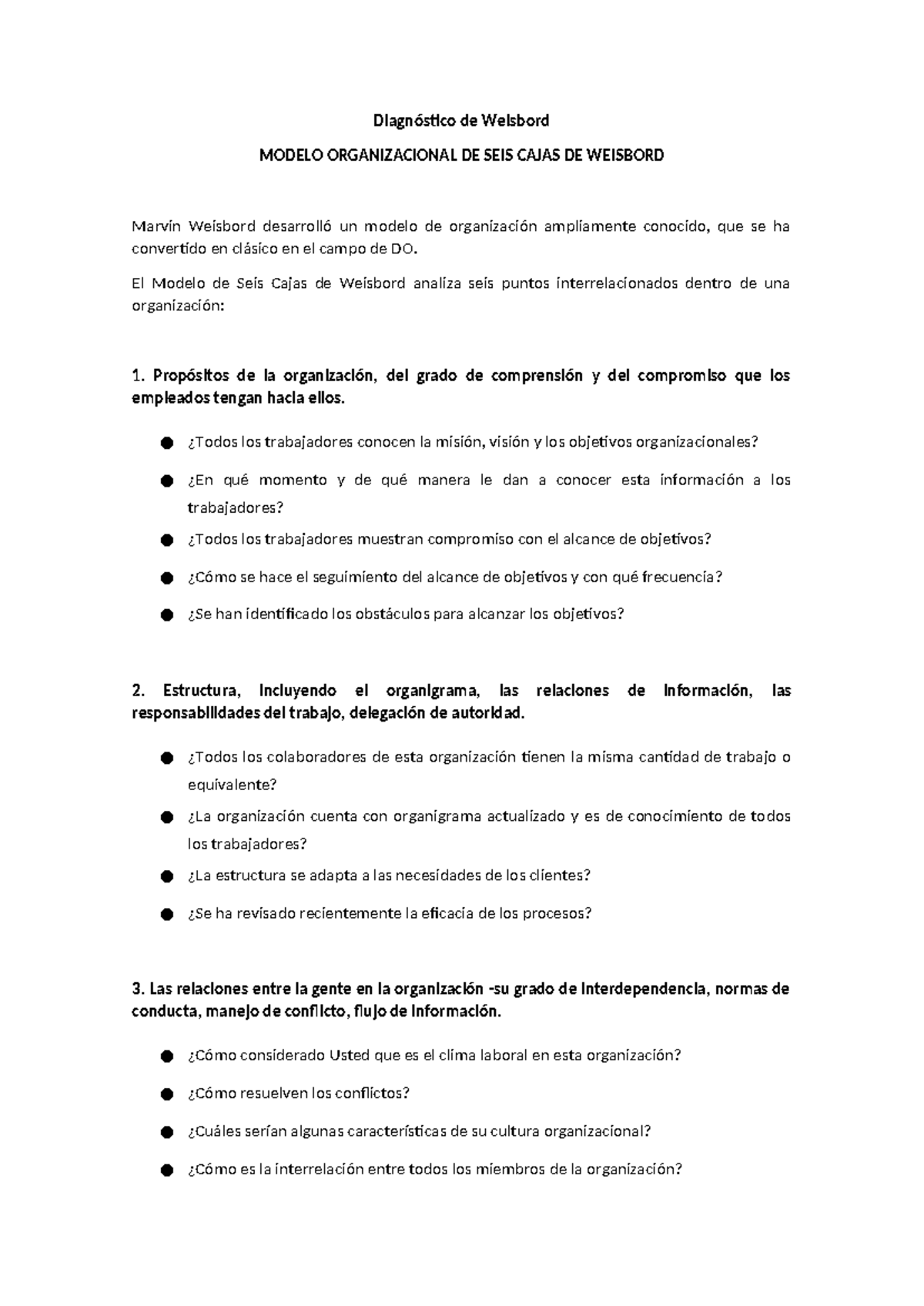 Diagnóstico De Weisbord - Diagnóstico De Weisbord MODELO ORGANIZACIONAL ...