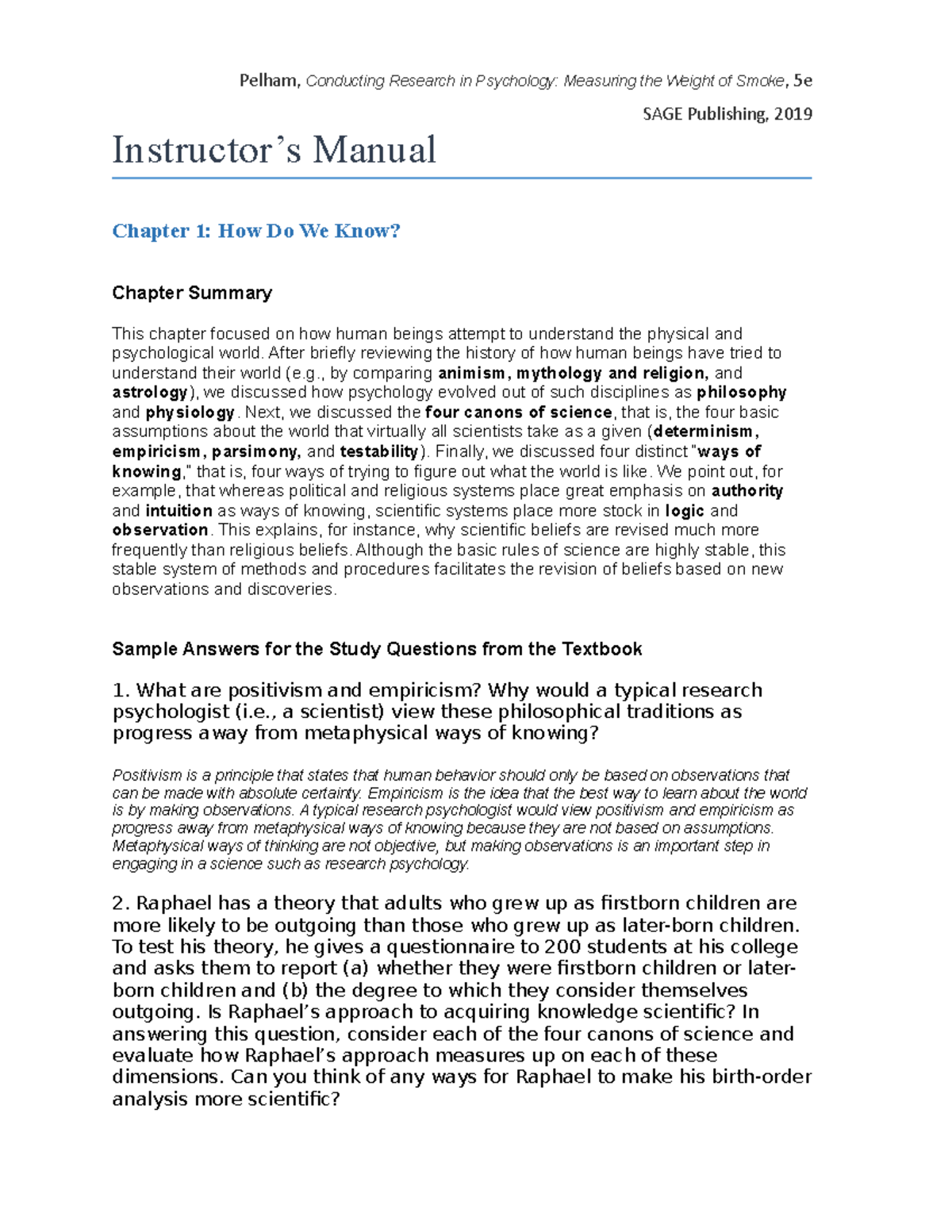 Pelham 5e IMTB Ch 01 FULL NOTES SAGE Publishing, 2019 Instructor’s