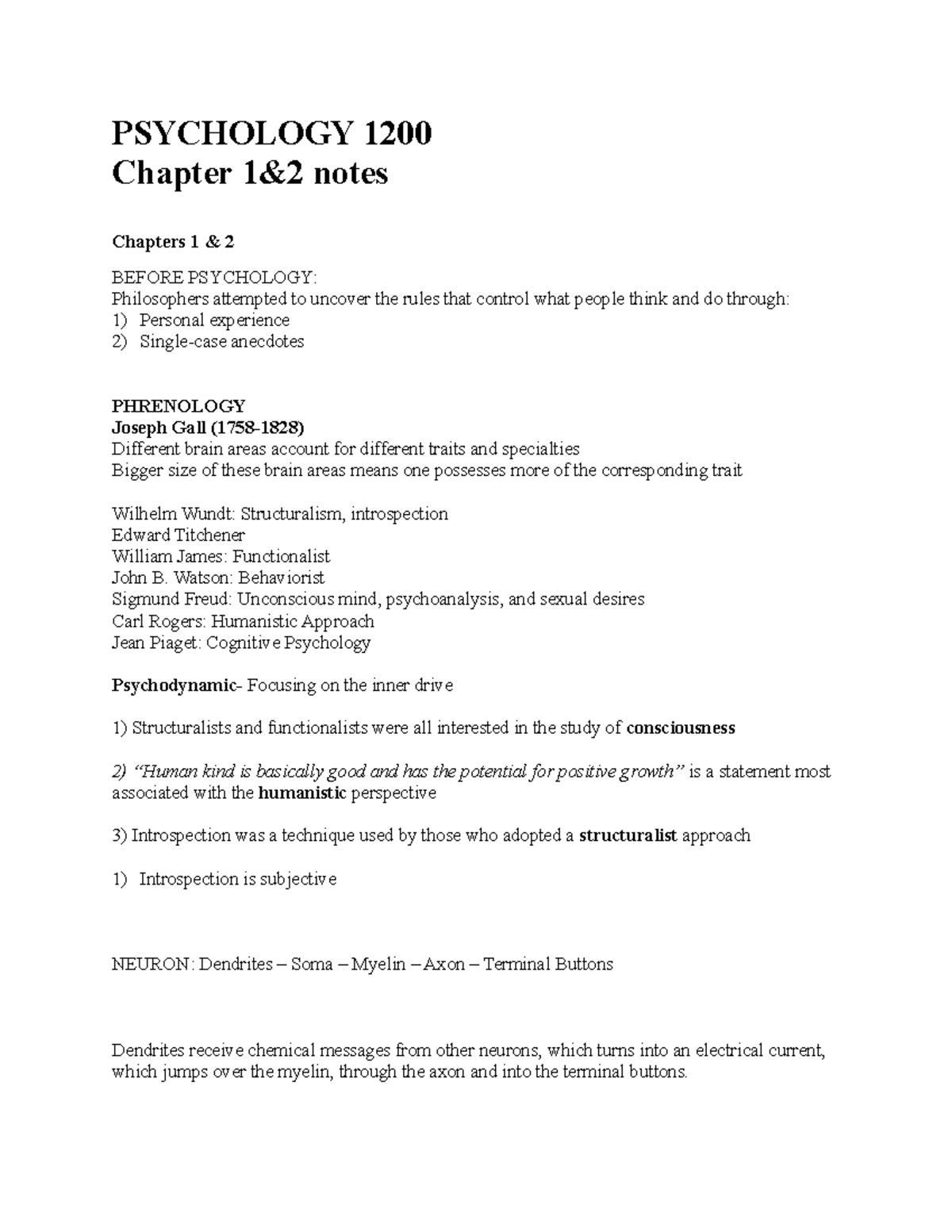 Lecture Notes, Lectures 1-2 - PSYCHOLOGY 1200 Chapter 1&2 Notes ...