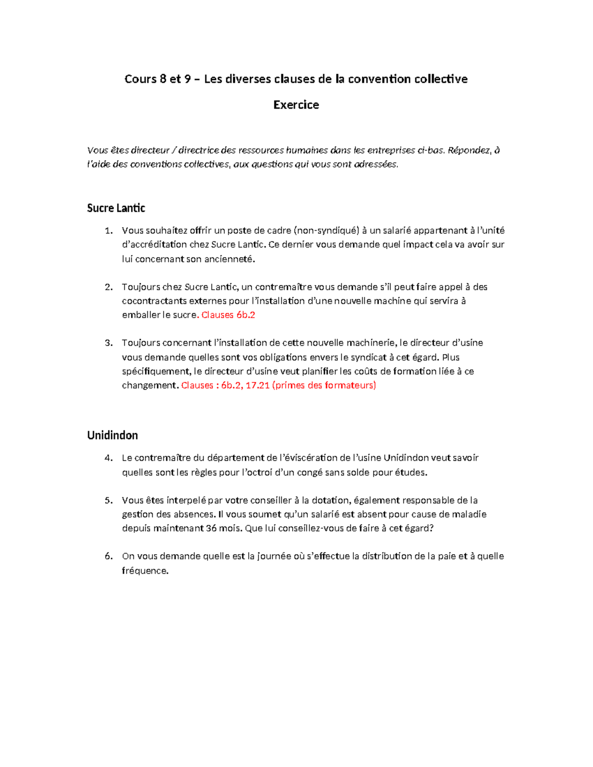 Exercice - Cours 8 et 9 Les differentes clauses de la convention ...