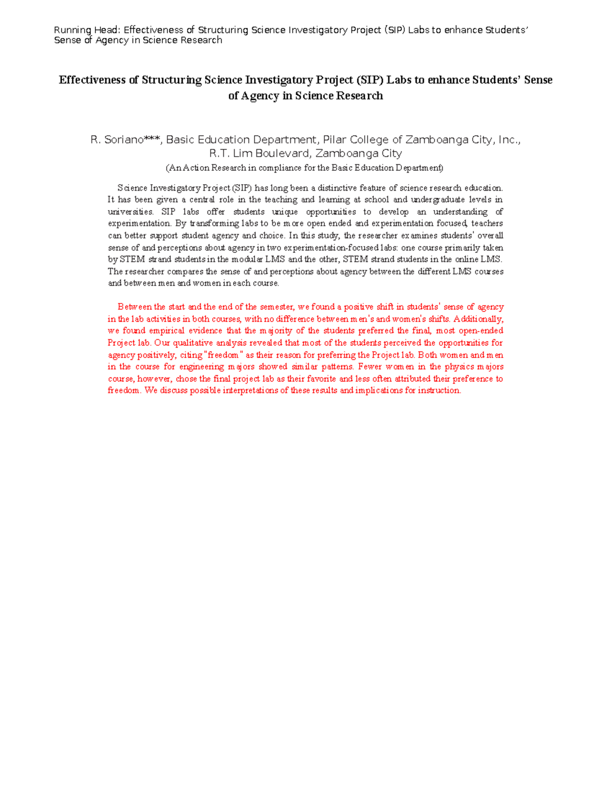 Effectiveness of Structuring Science Investigatory Project - Soriano ...