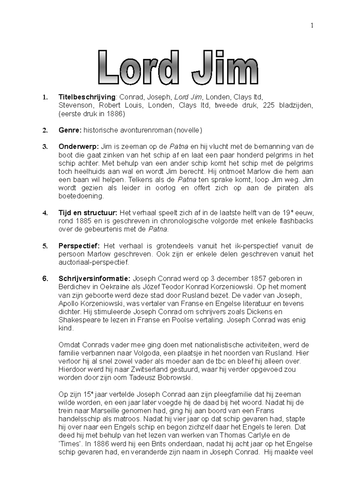 Boekverslag Lord Jim Lord Jim Titelbeschrijving Conrad, Joseph