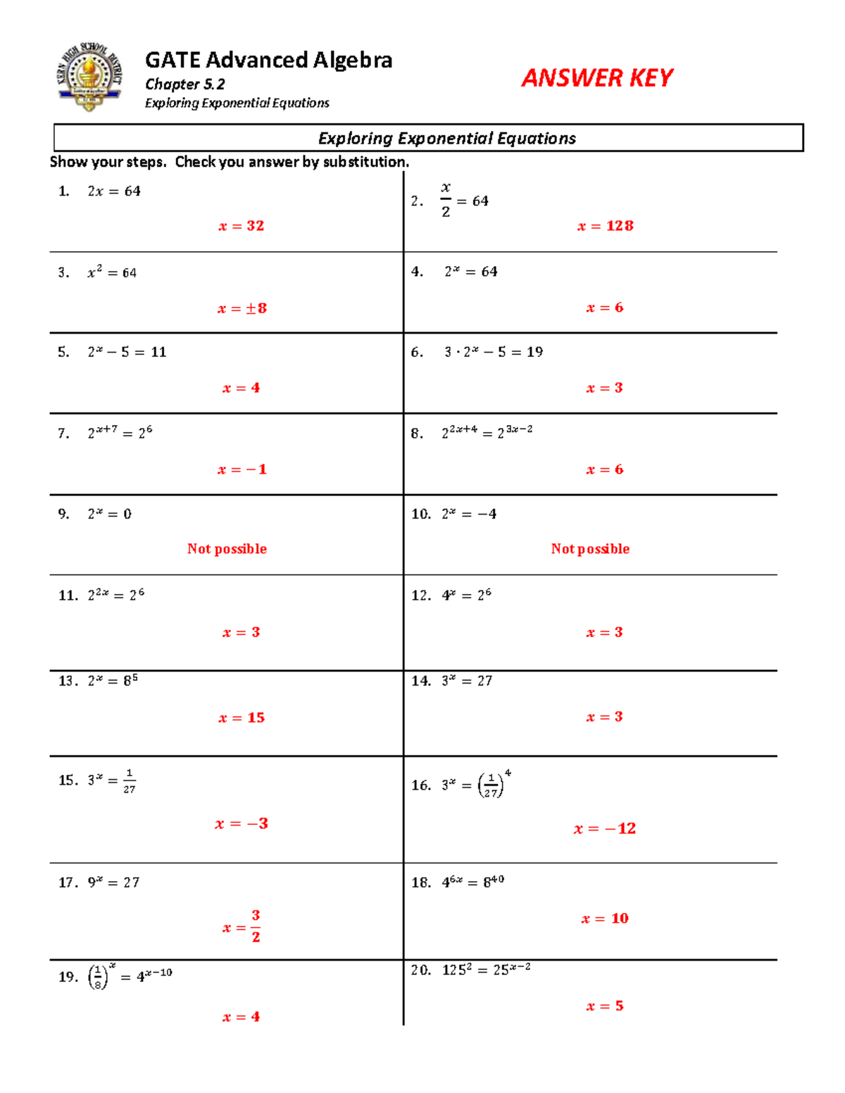 5.2 GATE Exploring Exponential Equations LHS Key - GATE Advanced ...