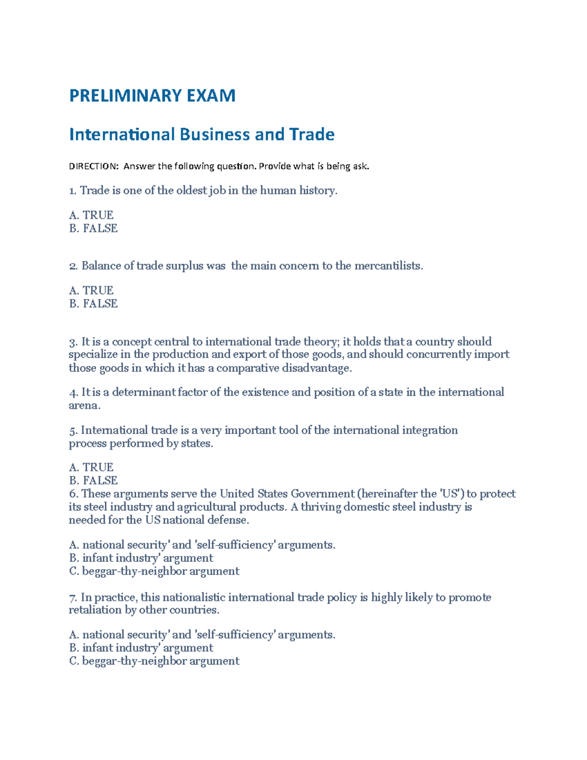 Prelim-IB - Helpful - PRELIMINARY EXAM International Business And Trade ...