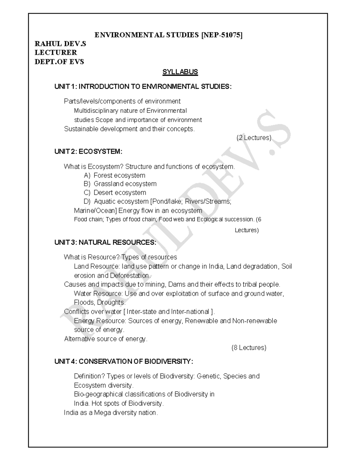 Environmental Science(EVS) OU Notes