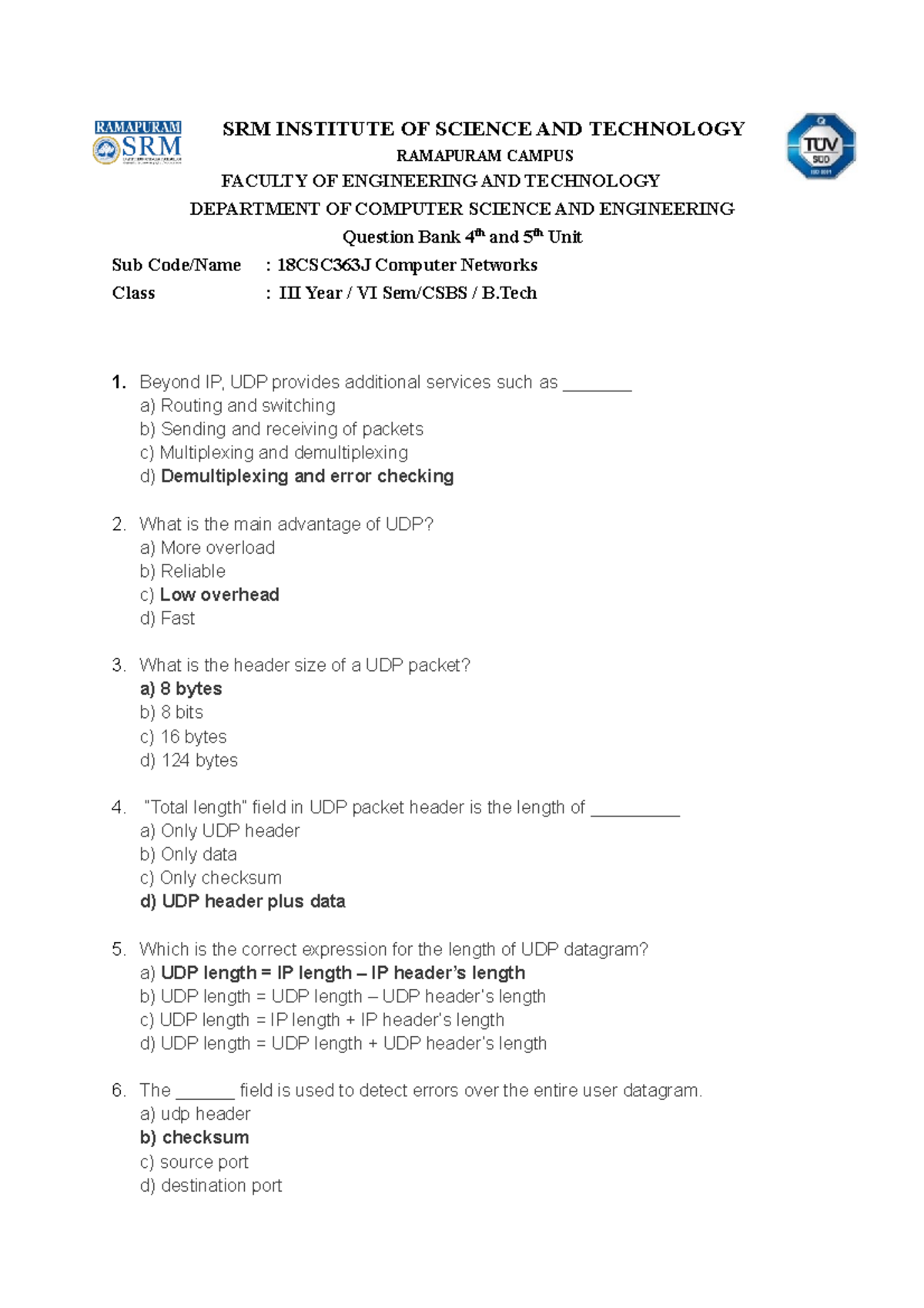 Question bank 4 and 5 CN - SRM INSTITUTE OF SCIENCE AND TECHNOLOGY ...