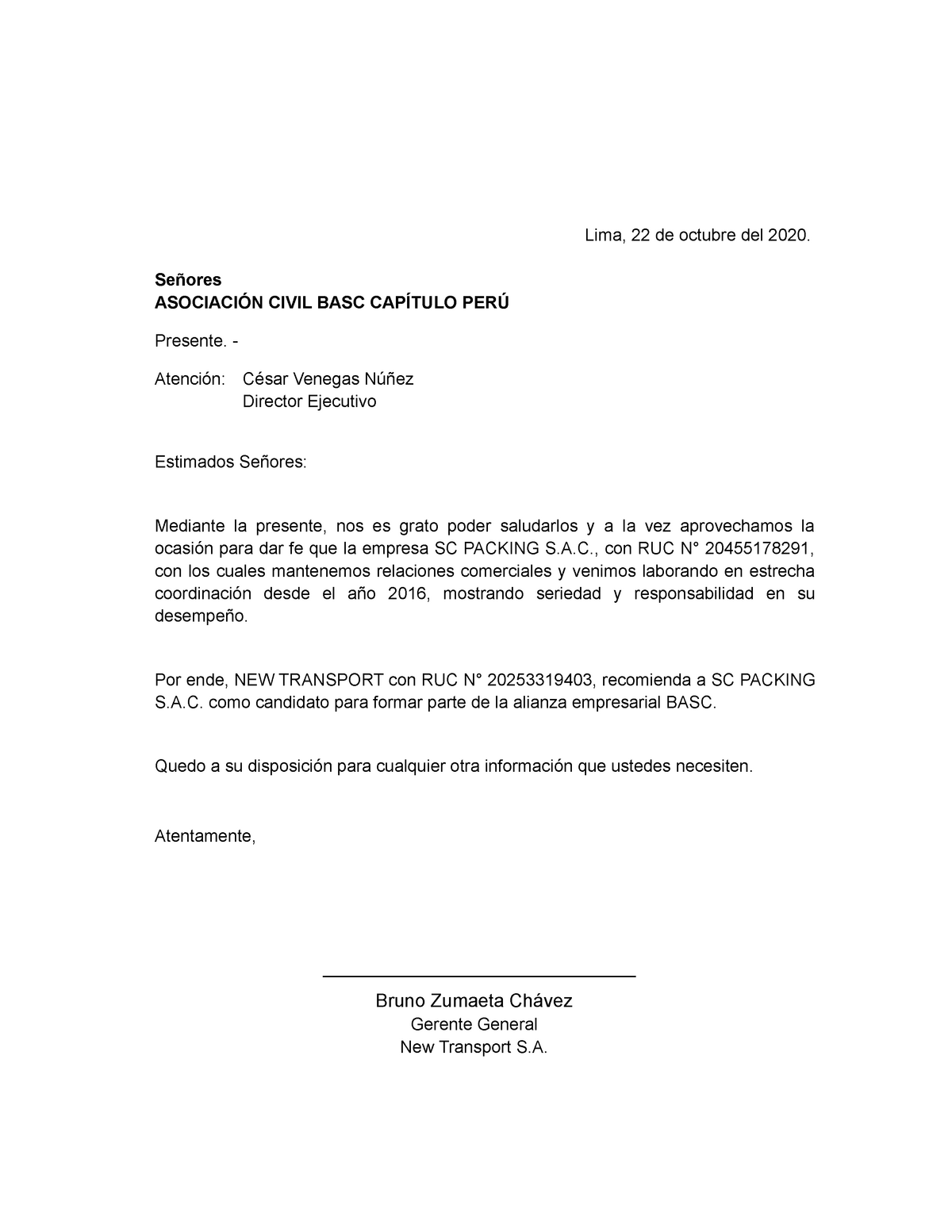 Anexo 06 Carta de Recomendacion  Lima, 22 de octubre del 2020. Señores