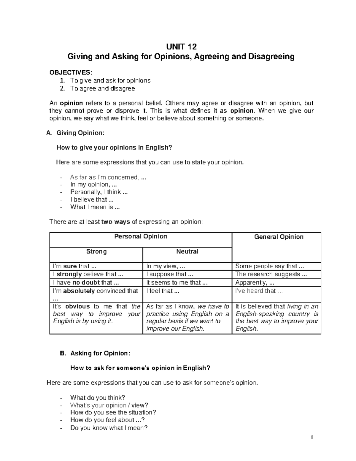 Giving and Asking for Opinions Agreeing and Disagreeing - UNIT 12 ...
