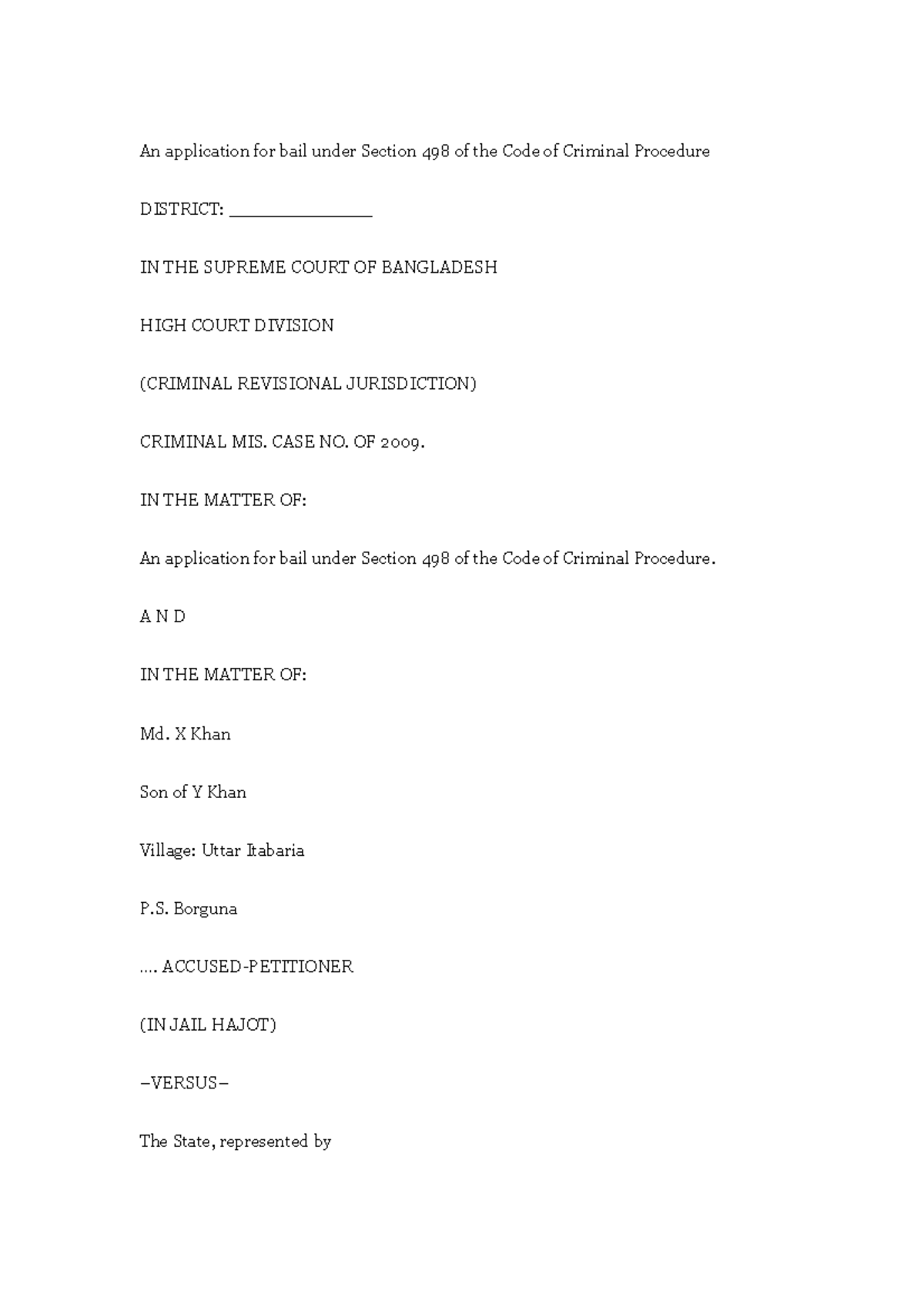 Bail Application - An application for bail under Section 498 of the ...