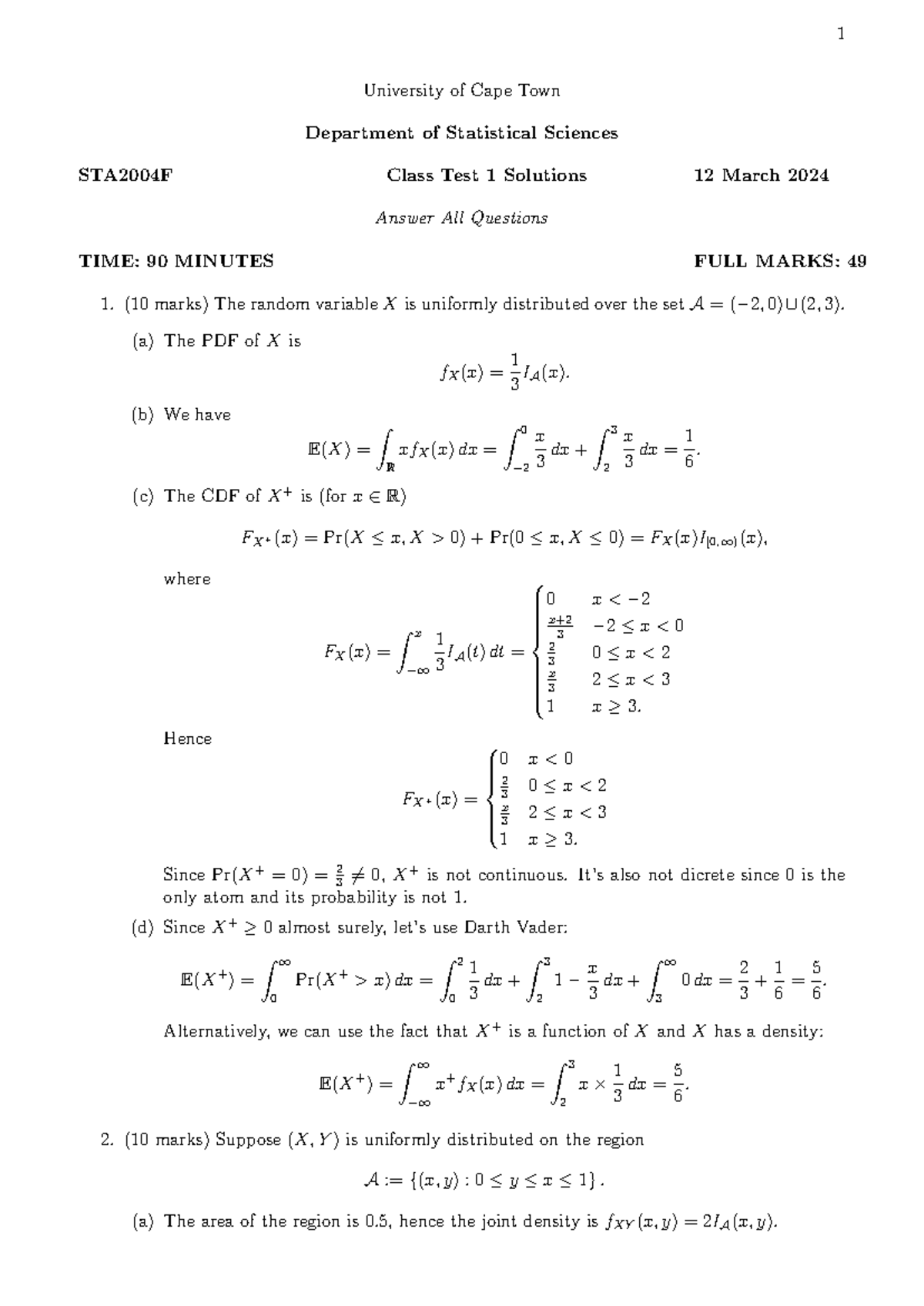 Class Test 1 2024Solutions - 1 University of Cape Town Department of ...