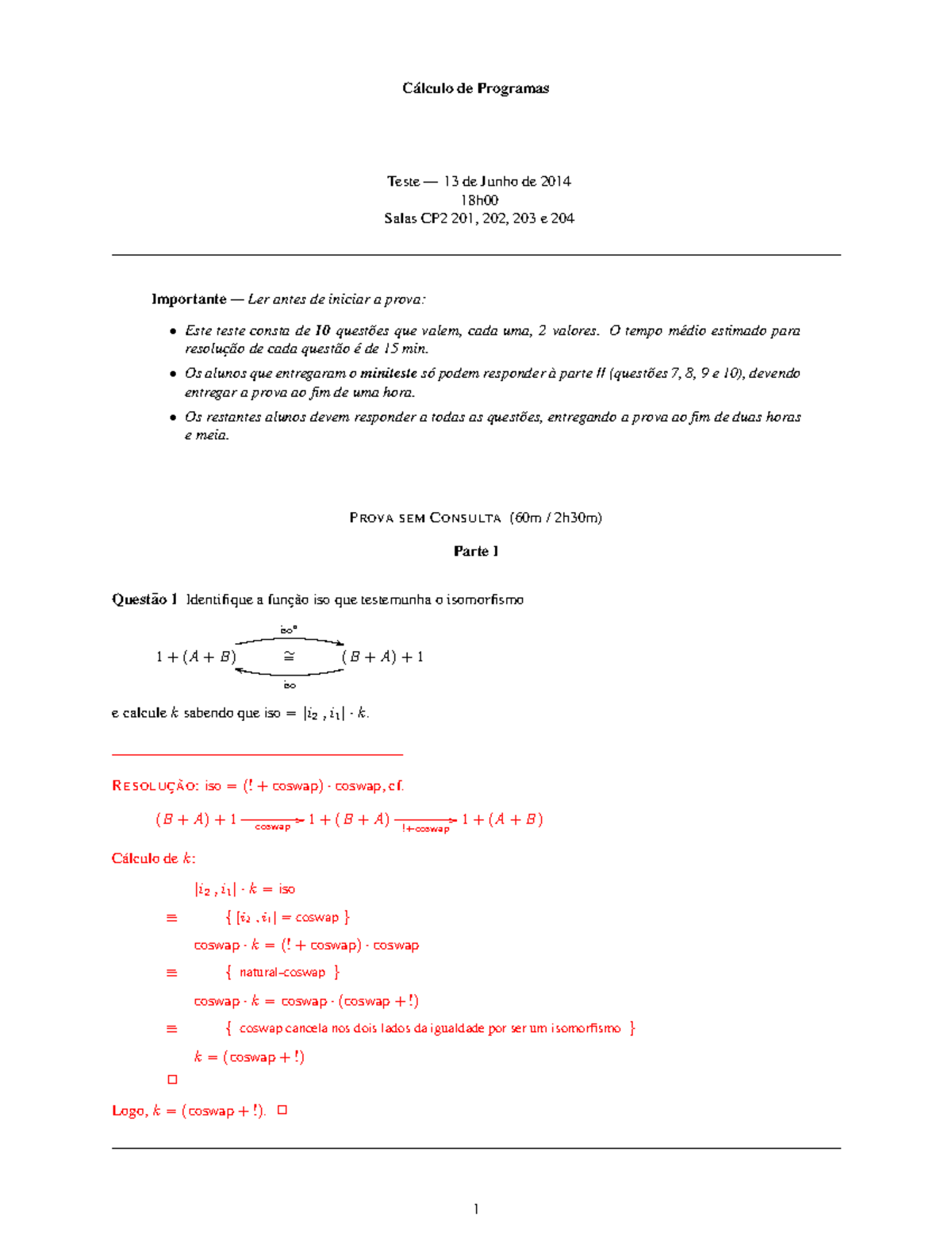 Prova 2014, Questões E Respostas - C´alculo De Programas Teste — 13 De ...