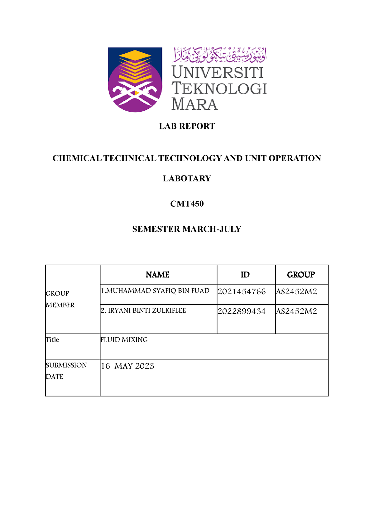 Fluid Mixing Lab Report - LAB REPORT CHEMICAL TECHNICAL TECHNOLOGY AND ...