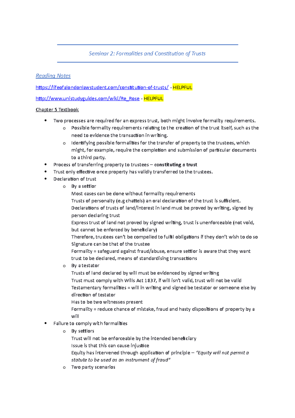 Seminar 2 - Notes - Seminar 2: Formalities and Constitution of Trusts ...
