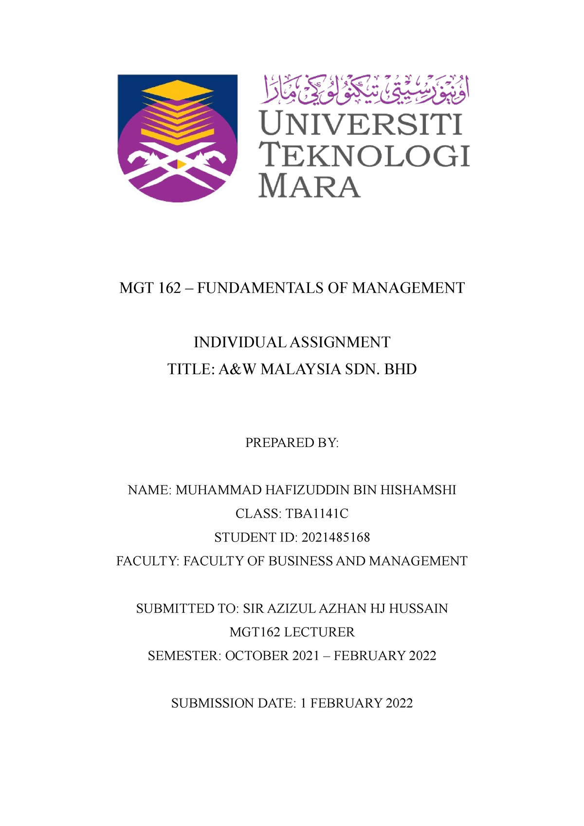 MGT 162 - Assignment Kajian Report - MGT 162 – FUNDAMENTALS OF ...