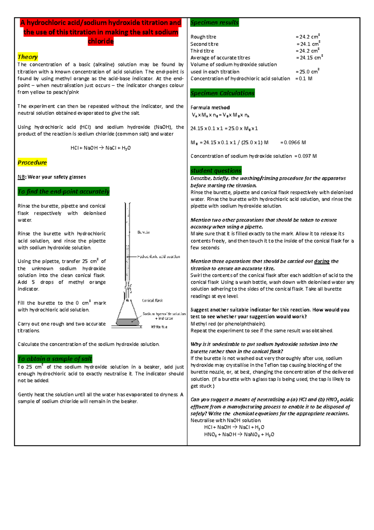 EXP 4 Chem110 A hydrochloric acid/sodium hydroxide titration and