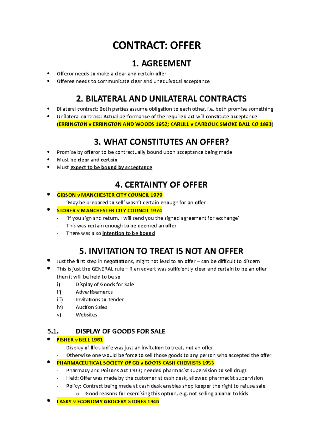 2. Acceptance - Offer - Summary Contract Law - CONTRACT: OFFER 1 ...