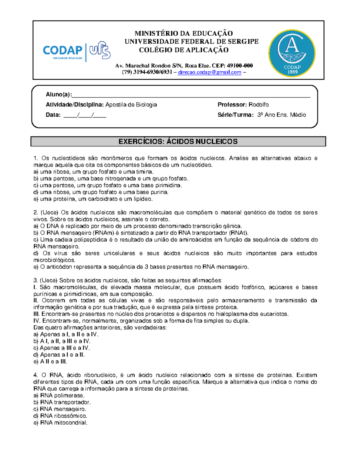 Exerc Cios - Cidos Nucleicos 3 ANO - MINISTÉRIO DA EDUCAÇÃO ...