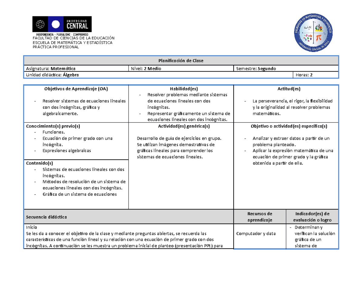 N6 planificacion de clase matematica 2 Medio ( Álgebra) - FACULTAD DE