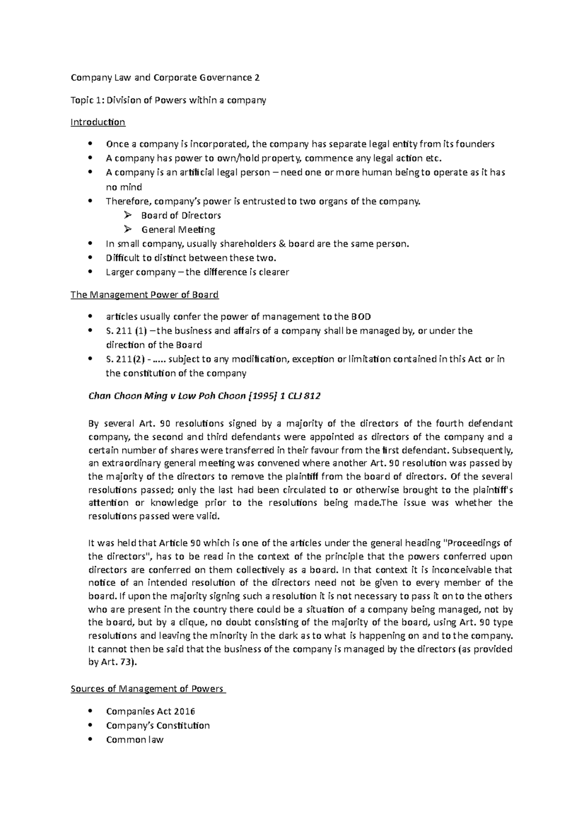 Notes company law - Company Law and Corporate Governance 2 Topic 1 ...