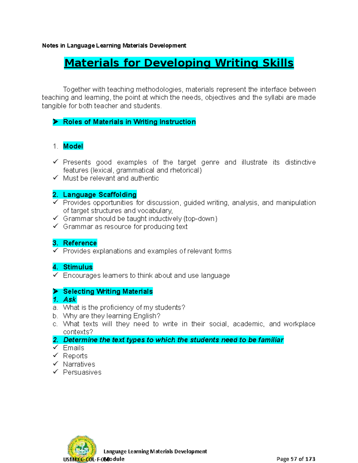 Materials for Developing Writing Skills Notes in Language Learning