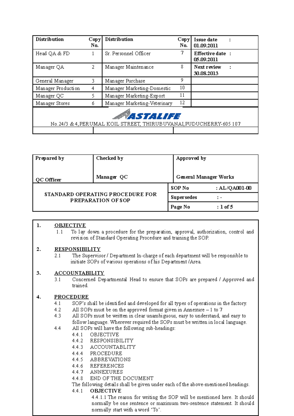 QA-001-Sop of SOP - QUALITY - Distribution Copy No. Distribution Copy ...