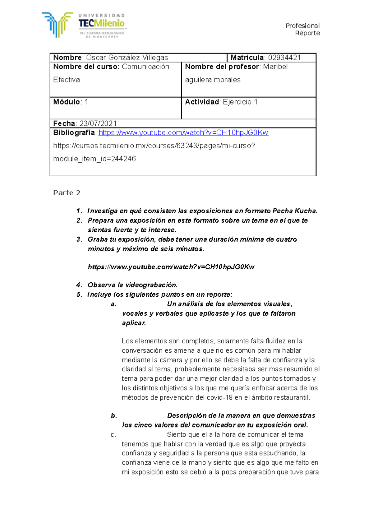 Comunicacion Efectiva Ejercicio 1 - Profesional Reporte Nombre : Oscar ...