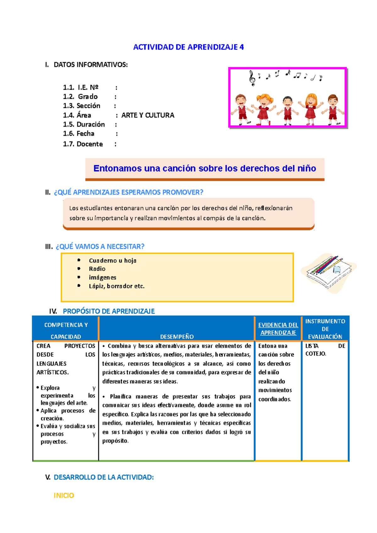 D A Sesion Entonamos Una Canci N Sobre Los Derechos Del Ni O Actividad De Aprendizaje I