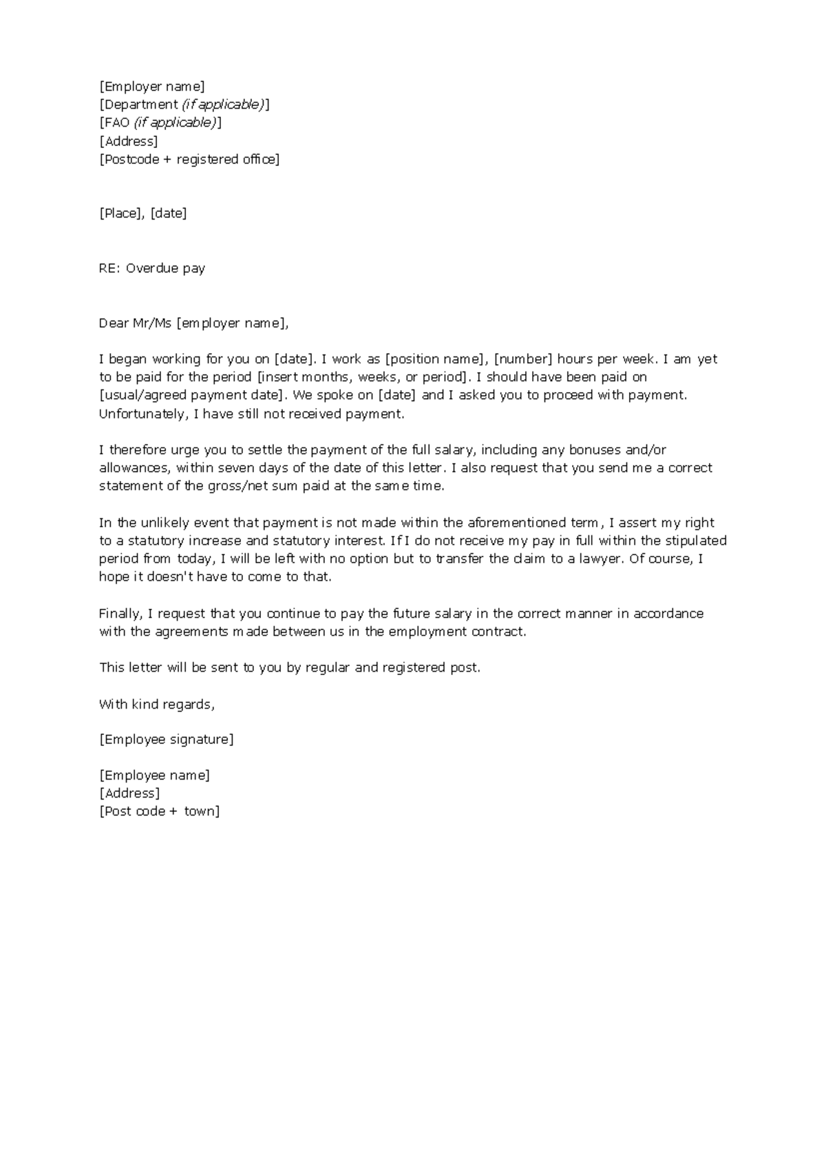 Sample salary claim letter - [Employer name] [Department (if applicable ...