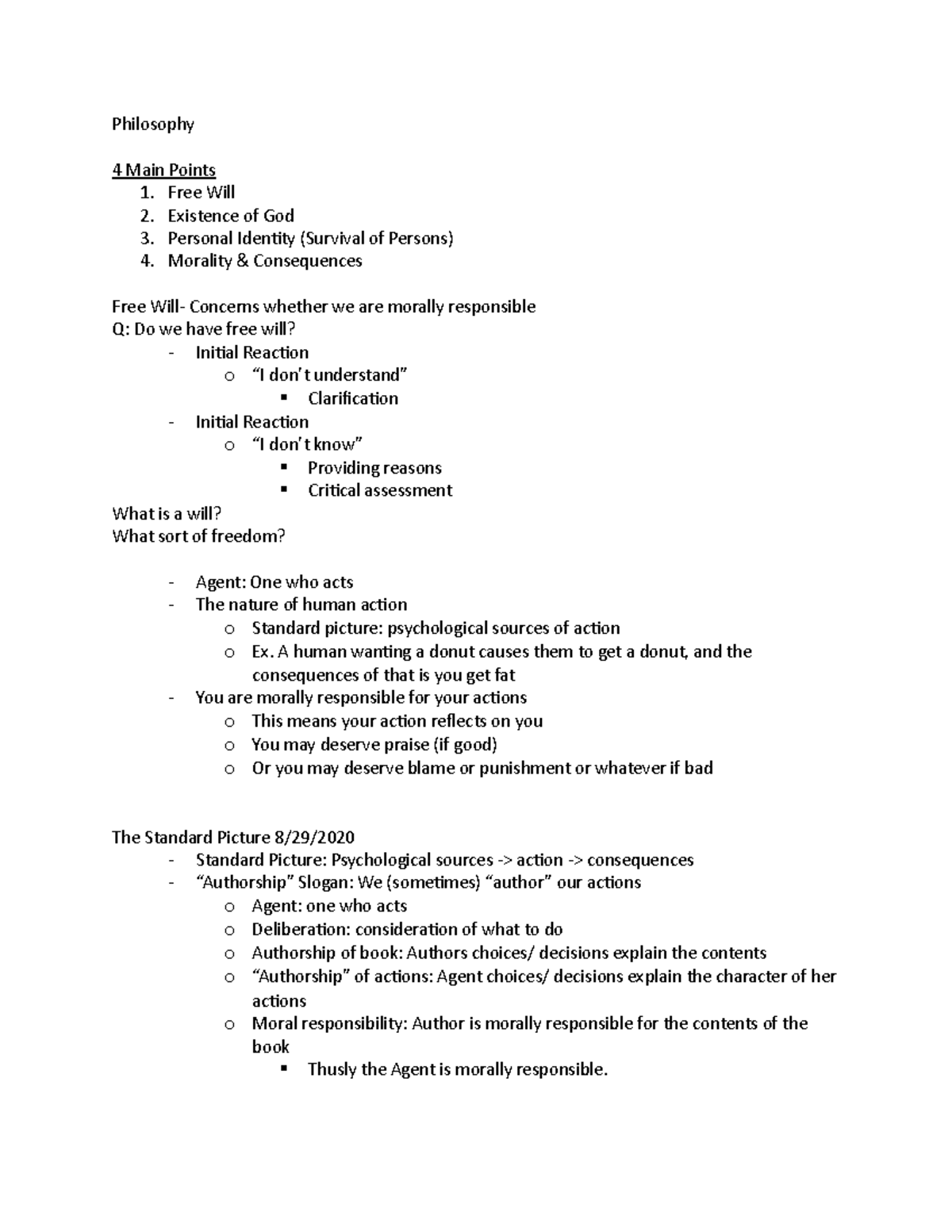 Philosophy Day 1-3 Notes - Philosophy 4 Main Points 1. Free Will 2 ...