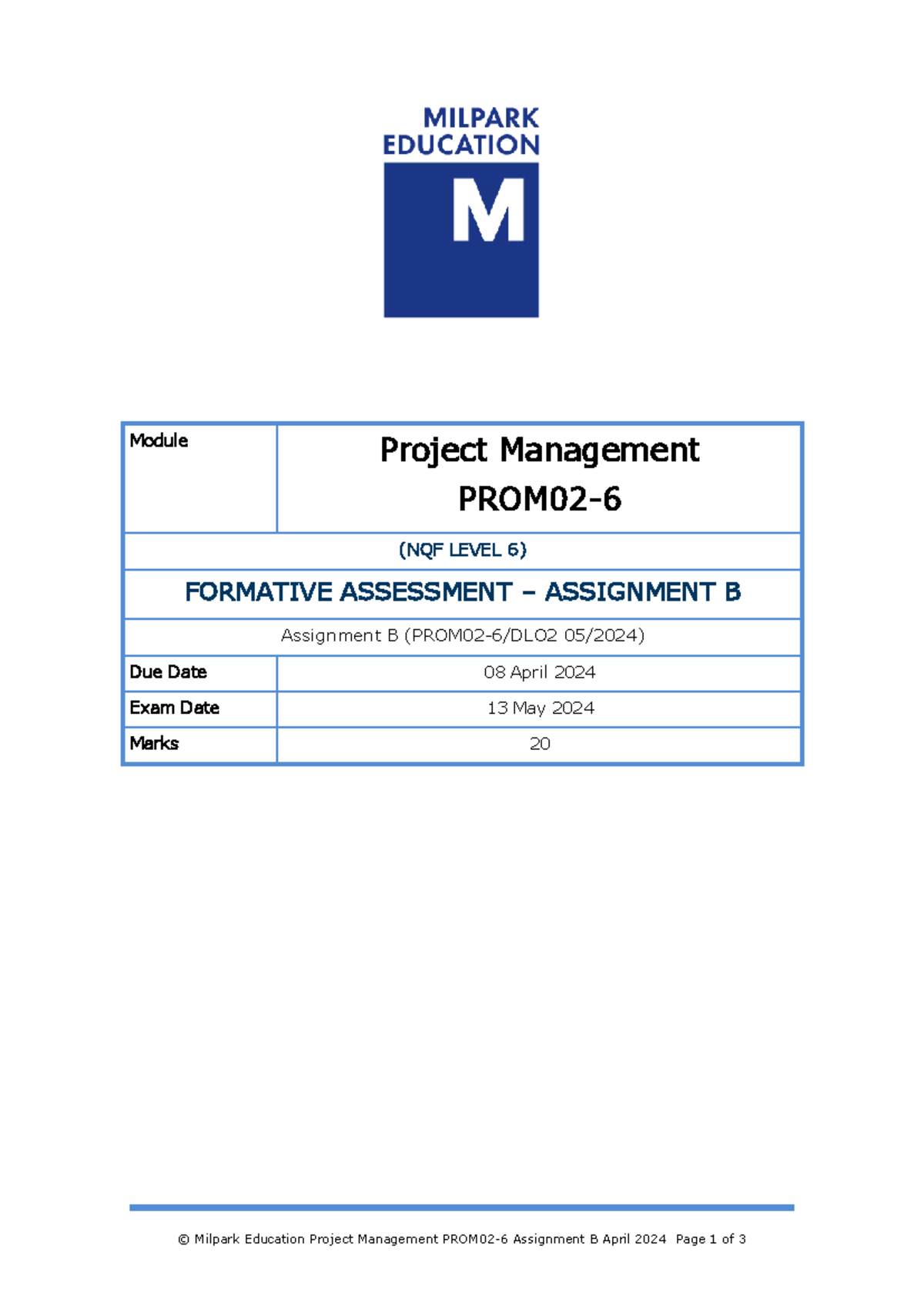 Z Assignment B PROM02-6 DLO2 05 2024 BBA - © Milpark Education Project ...