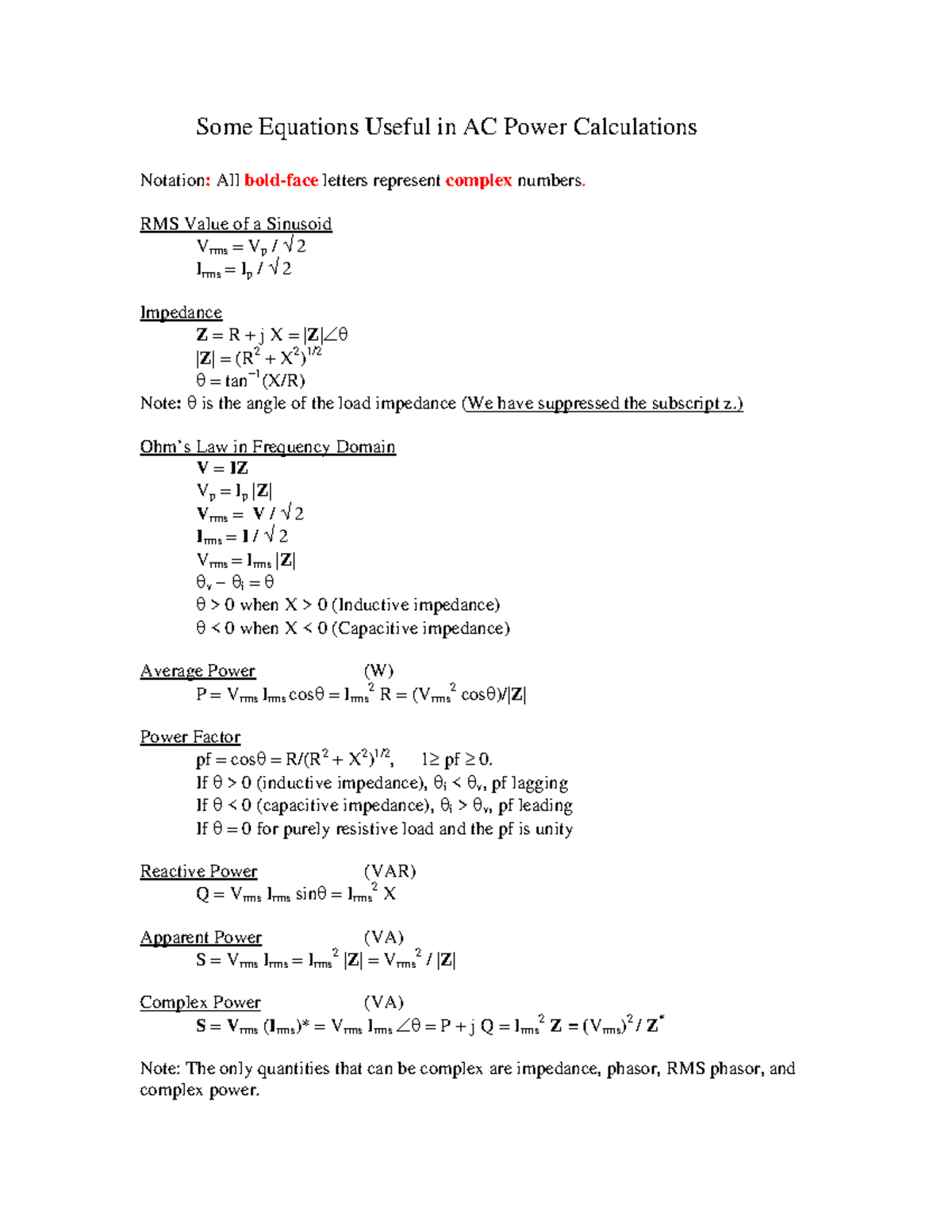 AC Power Eqns Zmuda - It is very useful - Some Equations Useful in AC ...