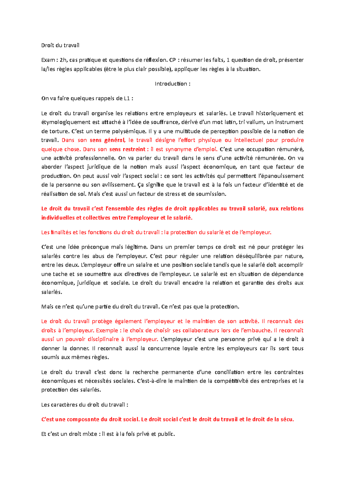 Droit-du-travail - Notes de cours 1-4 - Droit du travail Exam : 2h, cas ...