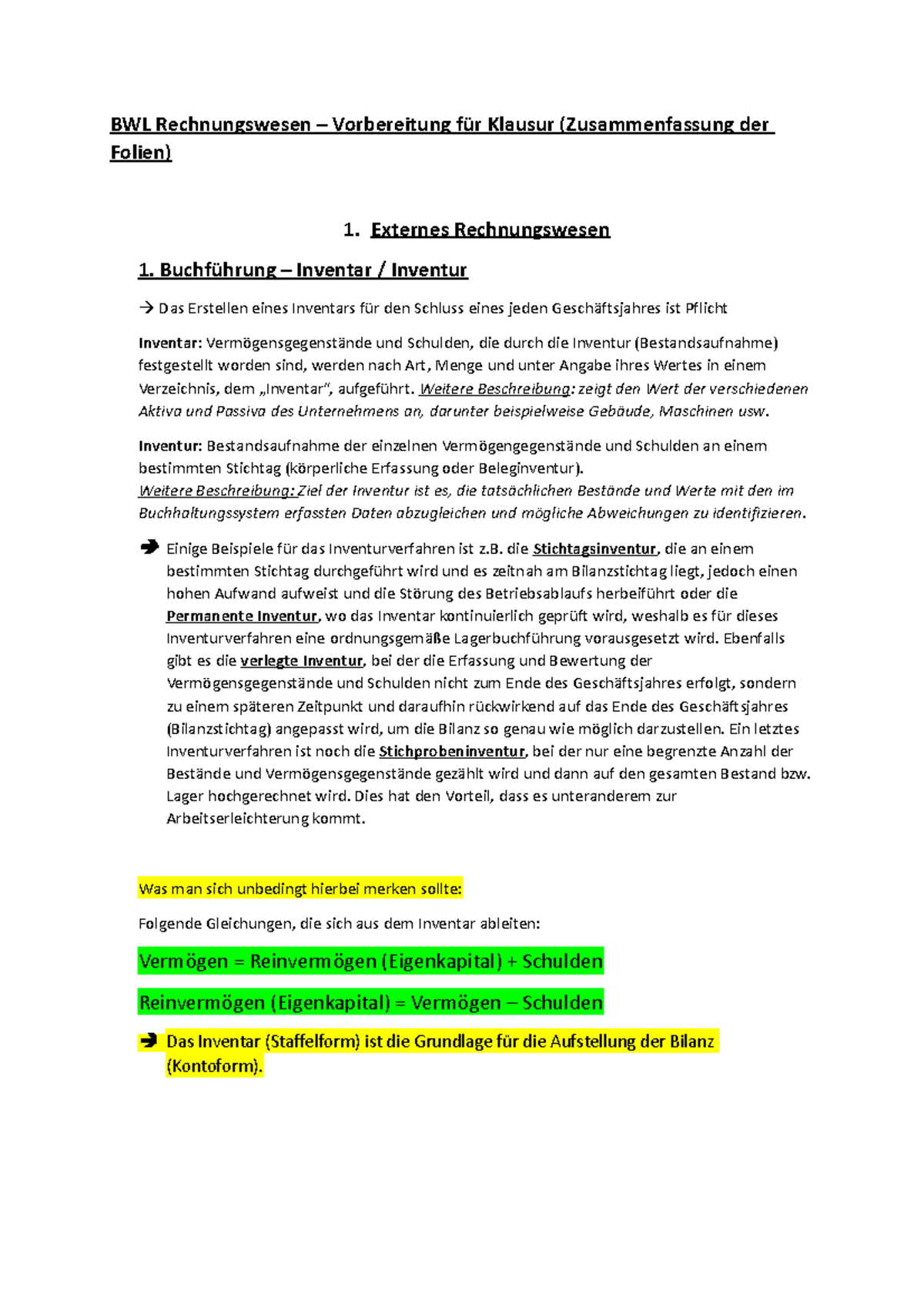 BWL Rechnungswesen Zusamenfassung - BWL Rechnungswesen – Vorbereitung ...