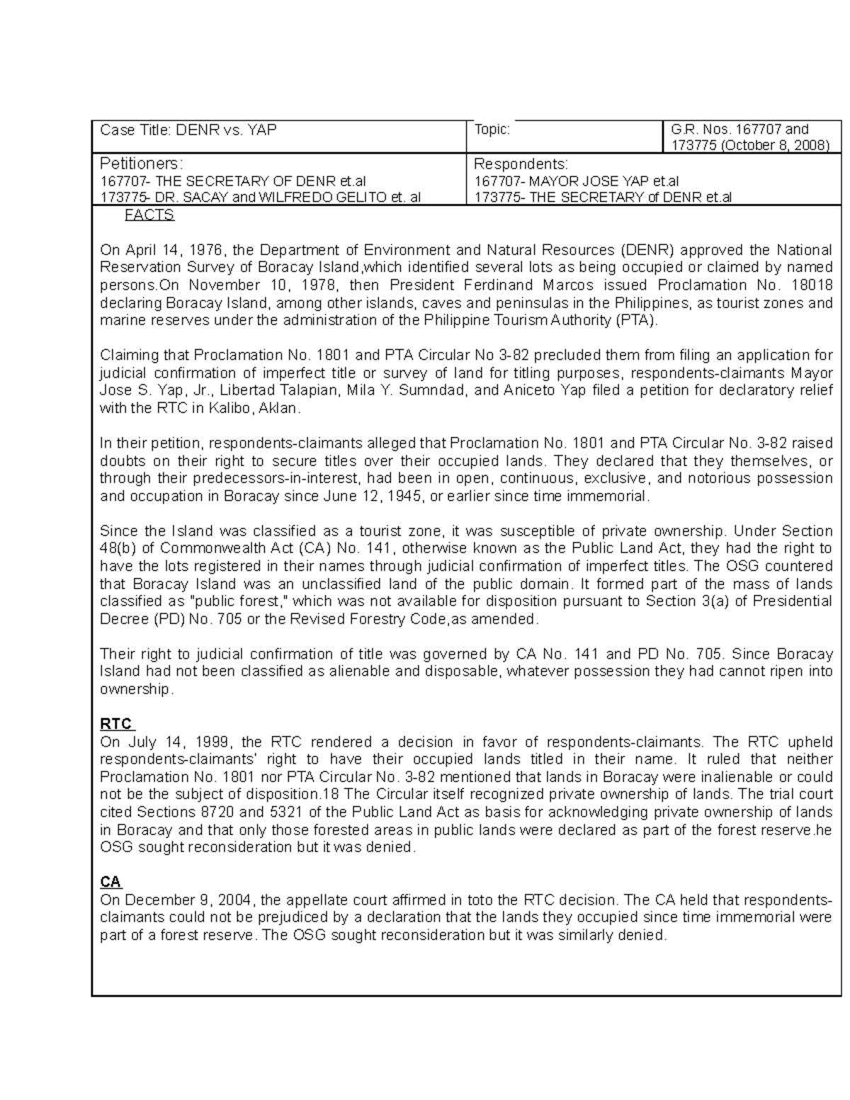 Revised Forestry Code DENR vs. YAP - Case Title: DENR vs. YAP Topic: G ...