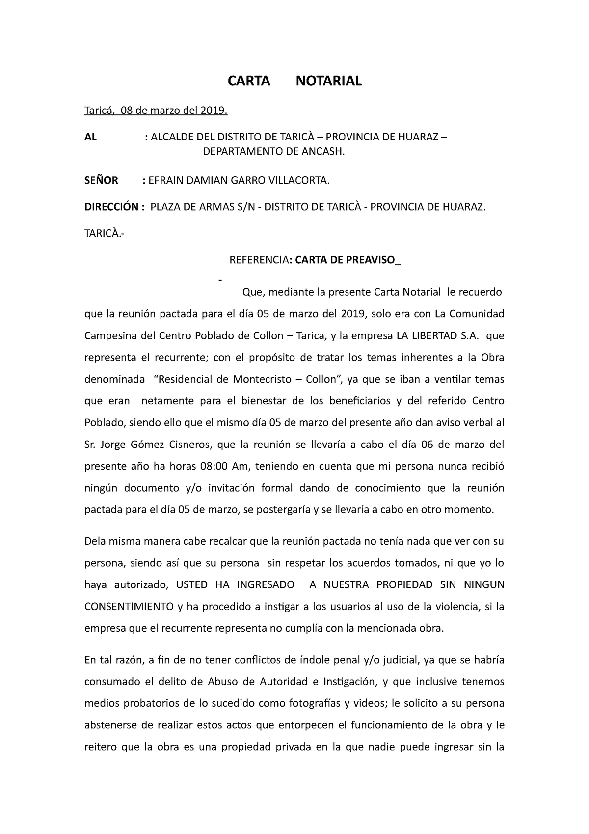 Carta Notarial Modelo Carta Notarial Taric De Marzo Del Al