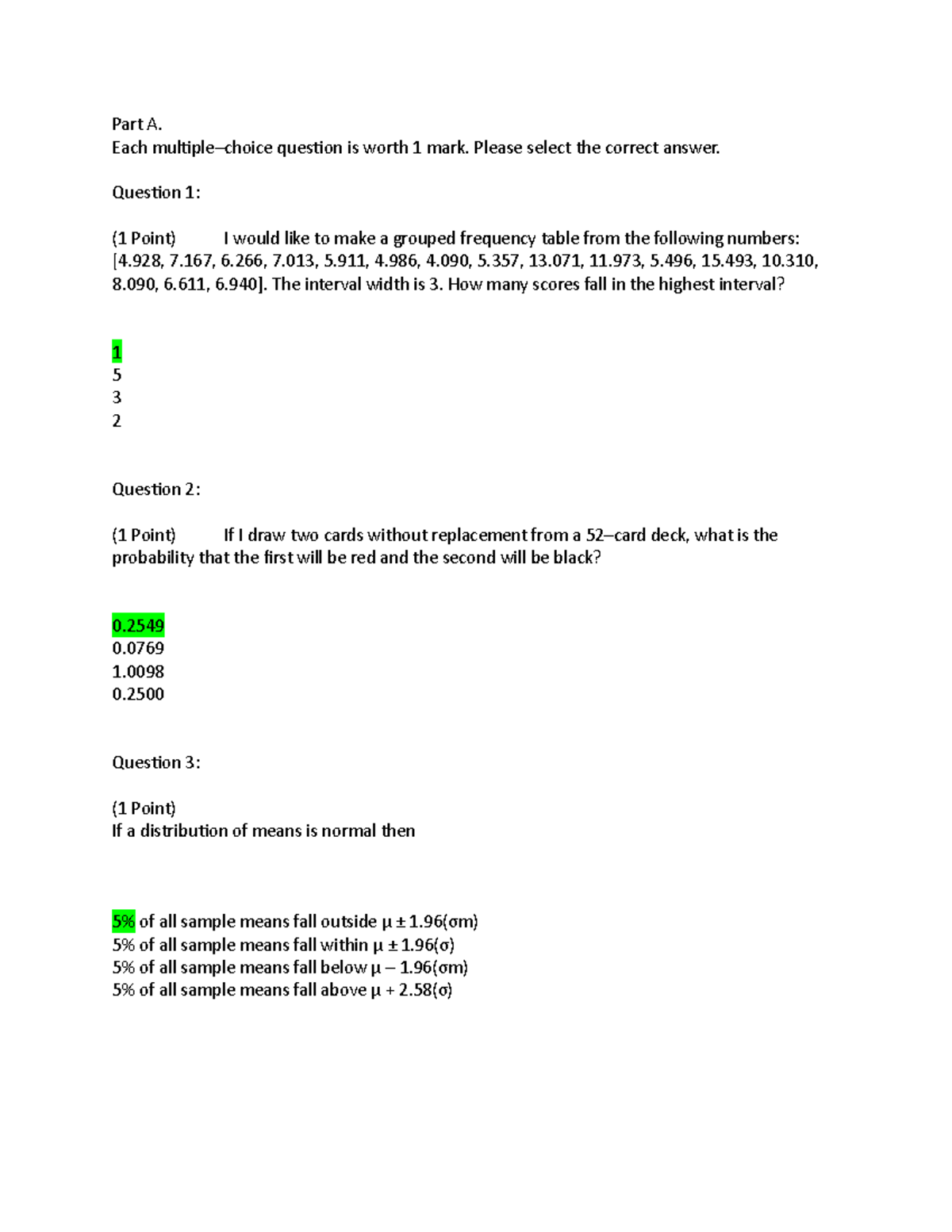 Stats test 1 review questions chapters 1-5 - Part A. Each multiple ...