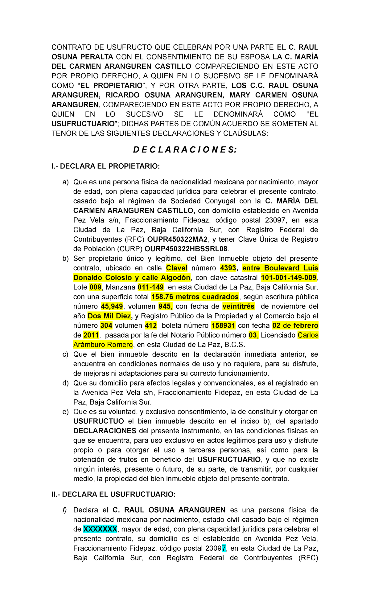 Usufructo RAUL Osuna - CONTRATO DE USUFRUCTO QUE CELEBRAN POR UNA PARTE ...